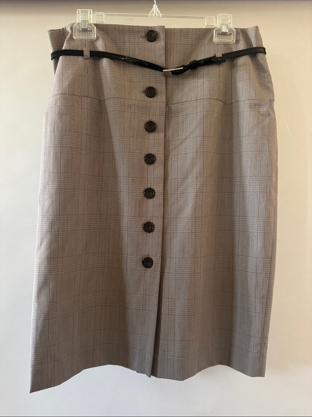 INC International Concepts Taupe Plaid Button-Front Pencil Skirt with Black Belt